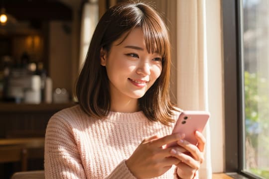スマホを見ながら笑顔の女性