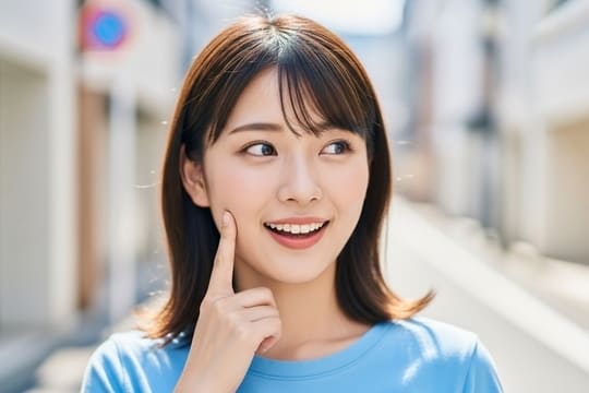 右人差し指をほっぺに当てている女性
