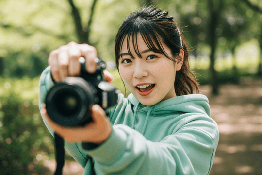 一眼レフカメラをこちらに向けている女性