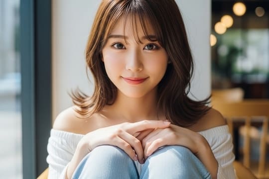 こちらを見つめる茶髪の女性