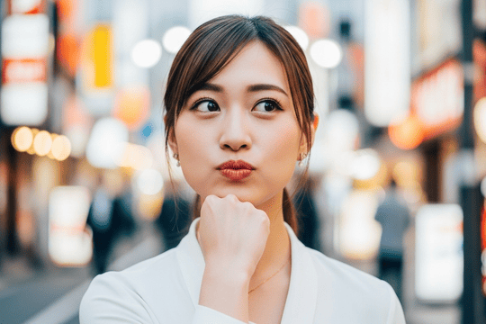 右手を顎に当てて目をそらす女性