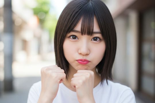 両手を握りこぶしにしている女性